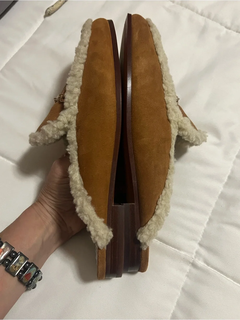 Sam Edelman Tan Suede Shearling-Trim Loafer Mules